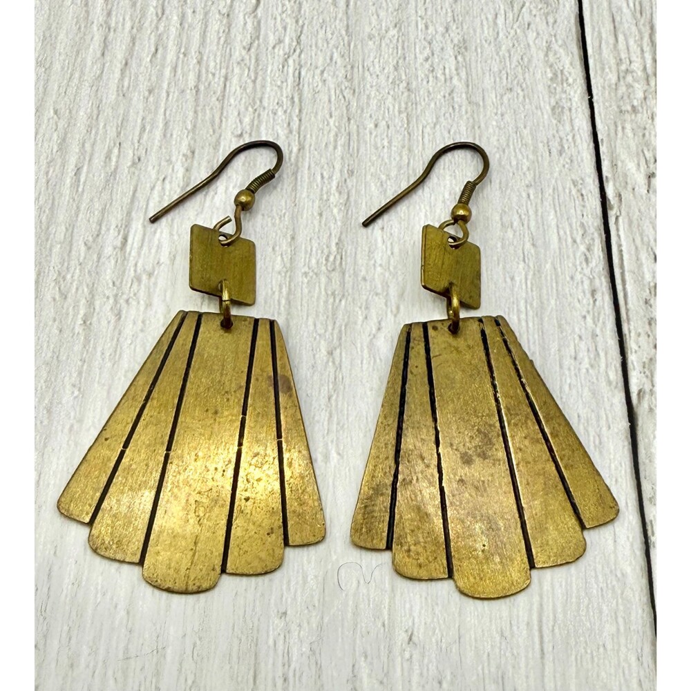 Vintage 2000s Art Deco Fan Dangle Earrings Brass Geometric Retro Statement Drop